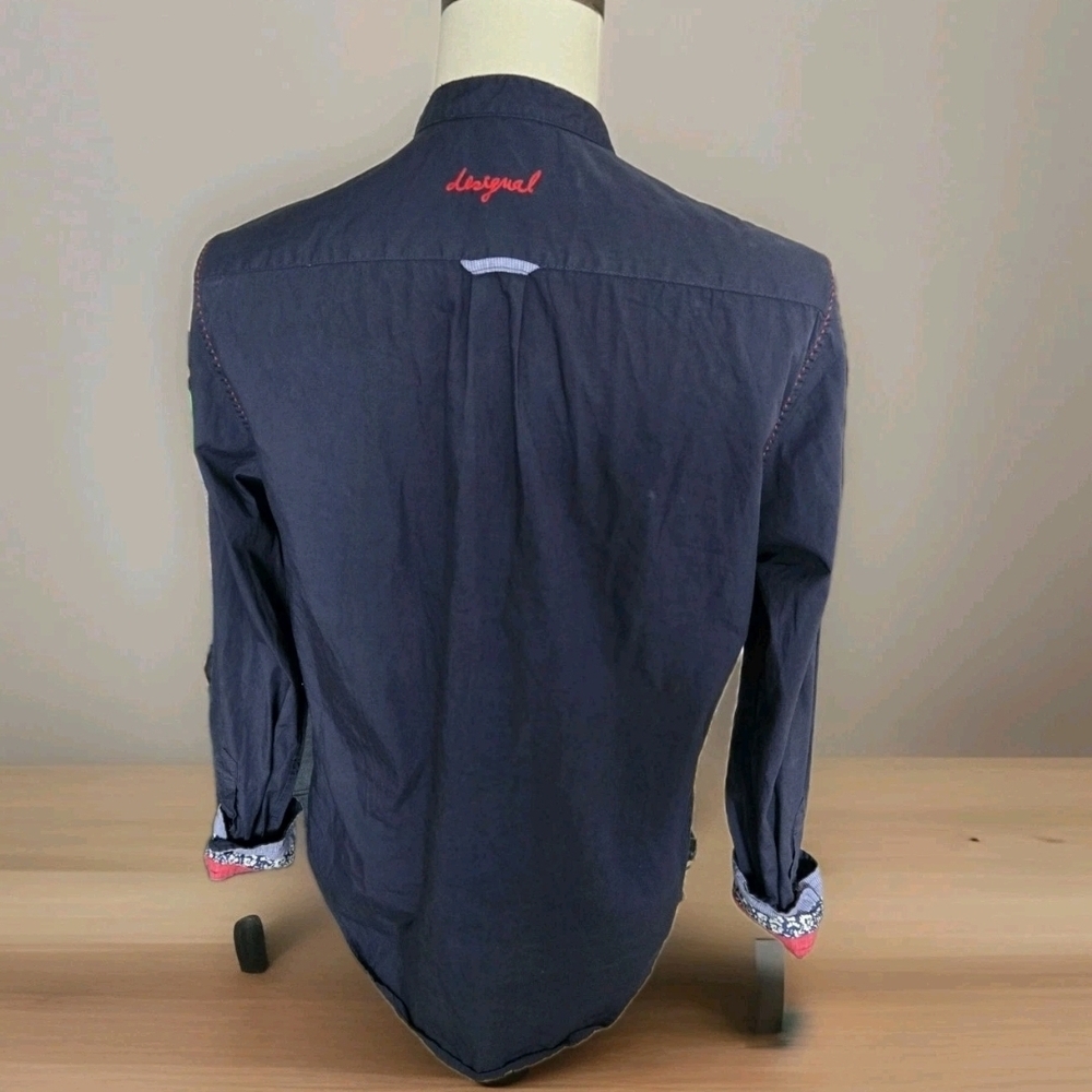 Desigual Men’s Shirt Medium Blue Button-Up Mandarin Collar Patch Pocket LS Mens - Picture 7 of 11